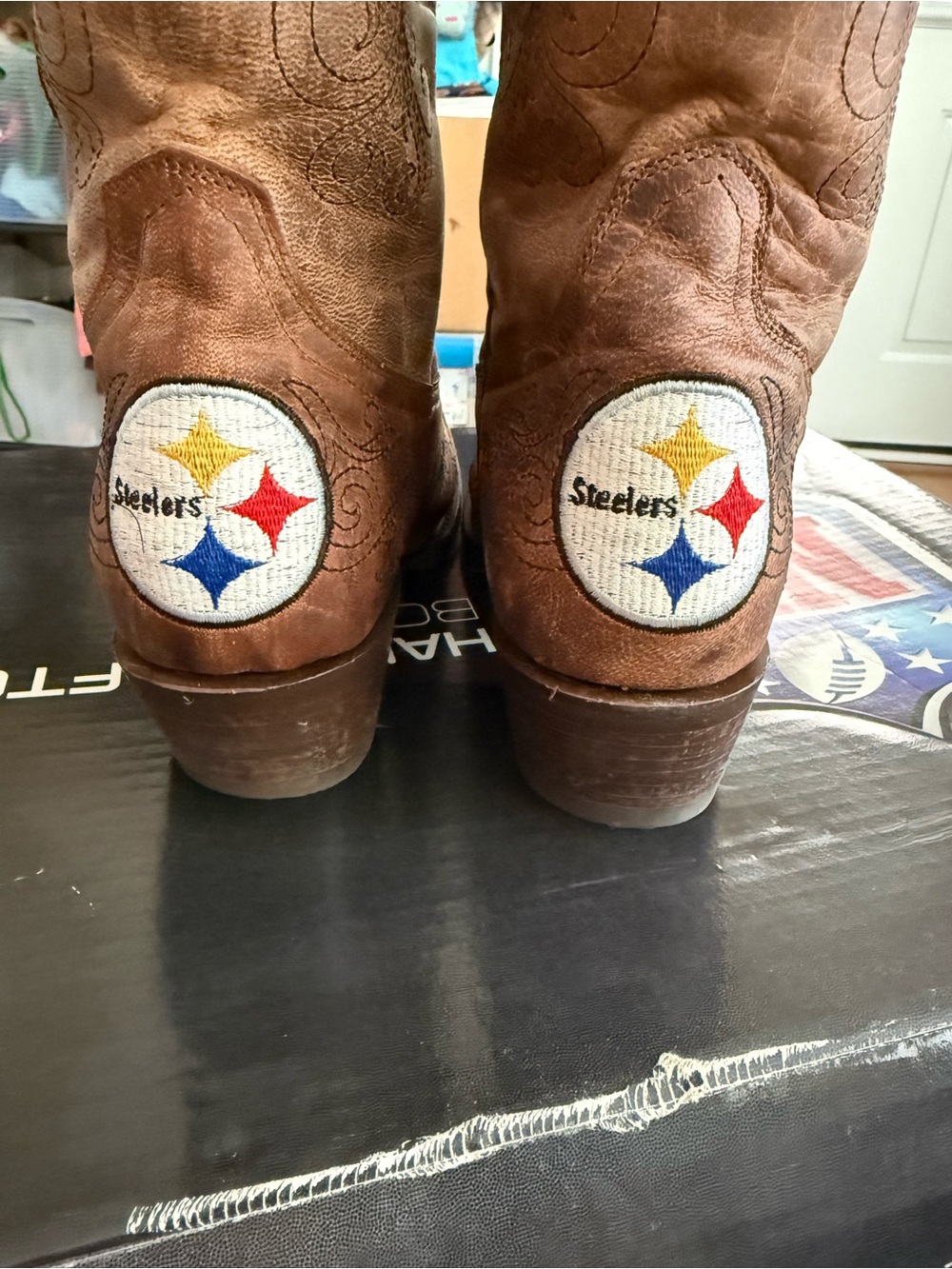 WmSz 10 Old Pro Leather Pittsburgh Steelers Tan Brown Cowboy Boots-Official NFL - Picture 4 of 9